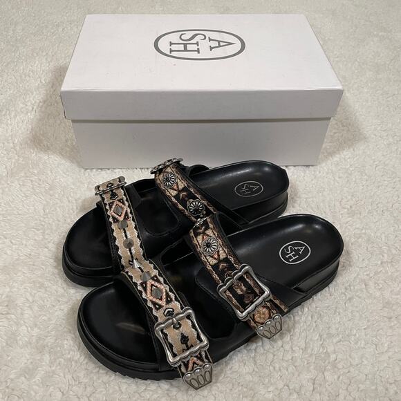 ASH‎ Ulysse Flat Sandals Spiked Studded Embroidered Black Beige Buckles 38 7.5 - Picture 2 of 8